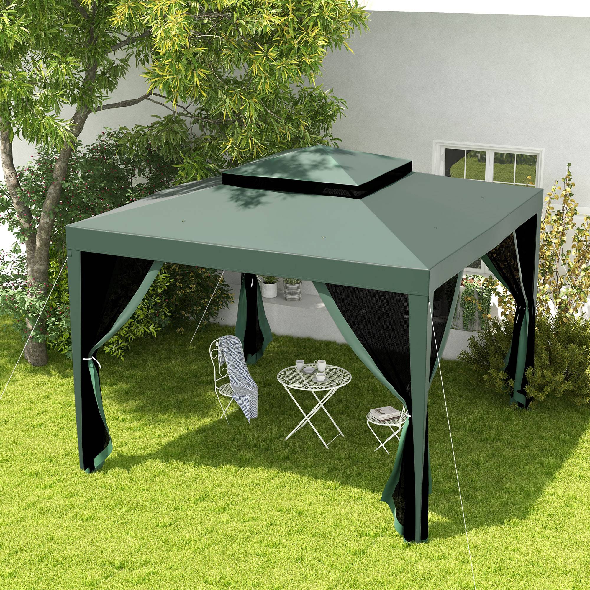 Tente de jardin 3x3 m, cenador gazebo avec 4 moustiquaires laterales, double toit, 8 trous de drainage, metal, vert - Image 3