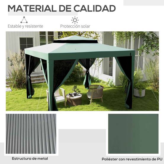 Tente de jardin 3x3 m, cenador gazebo avec 4 moustiquaires laterales, double toit, 8 trous de drainage, metal, vert - Image 7