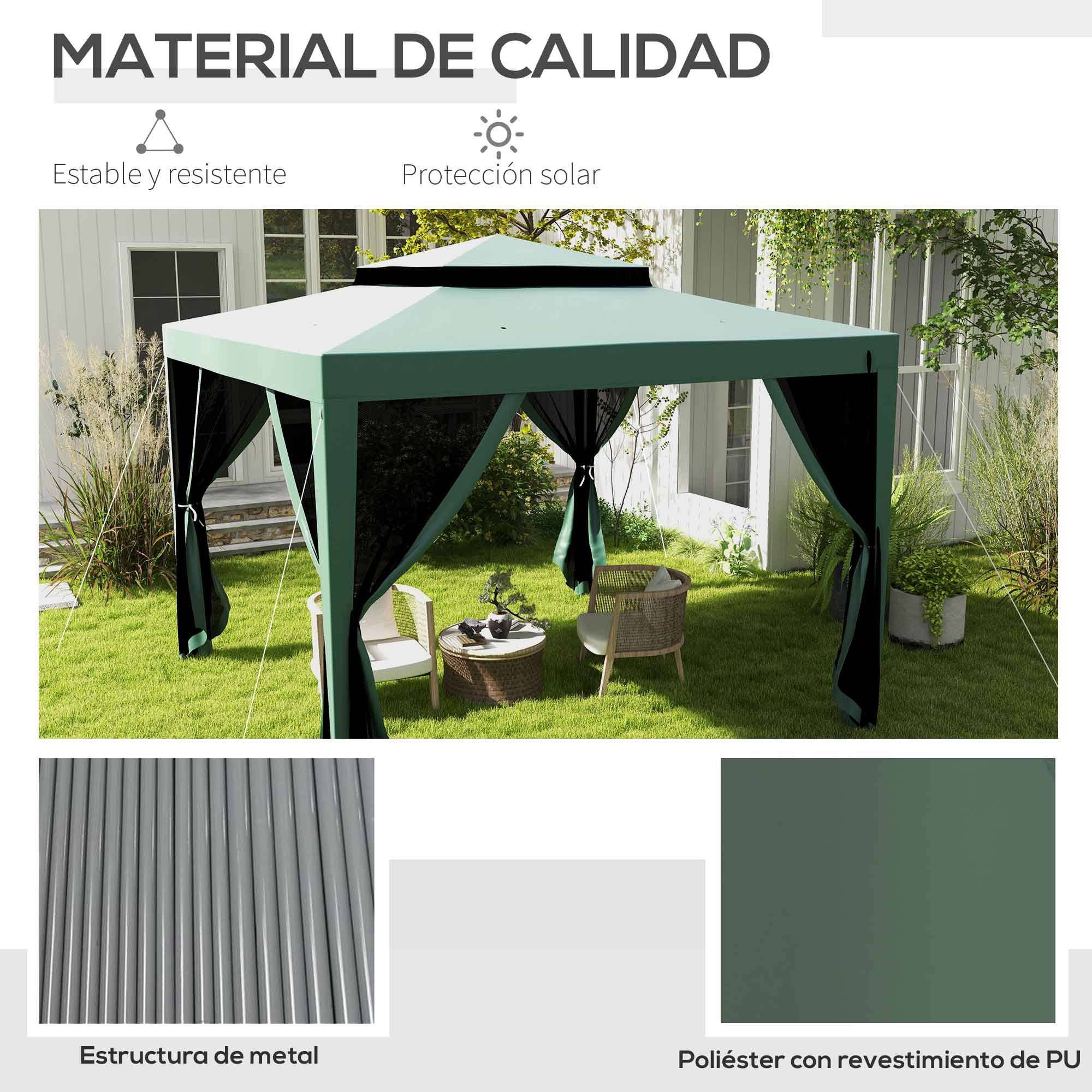 Tente de jardin 3x3 m, cenador gazebo avec 4 moustiquaires laterales, double toit, 8 trous de drainage, metal, vert - Image 7