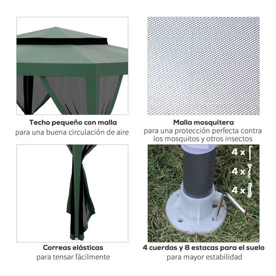 Tente de jardin 3x3 m, cenador gazebo avec 4 moustiquaires laterales, double toit, 8 trous de drainage, metal, vert - Image 8