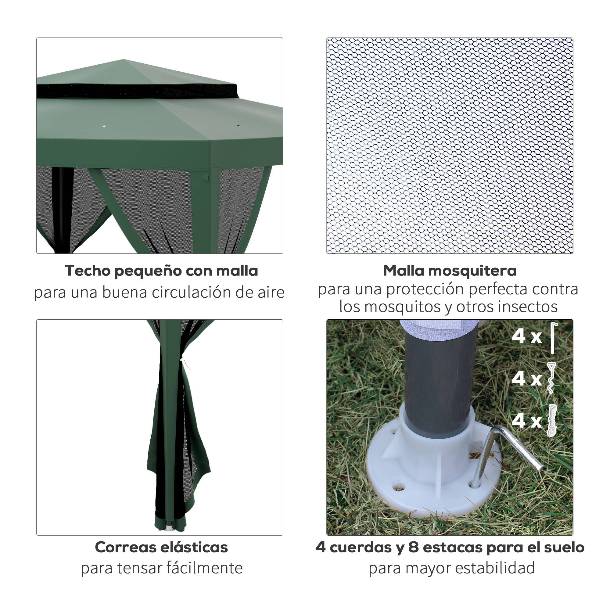 Tente de jardin 3x3 m, cenador gazebo avec 4 moustiquaires laterales, double toit, 8 trous de drainage, metal, vert - Image 8