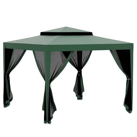 Tente de jardin 3x3 m, cenador gazebo avec 4 moustiquaires laterales, double toit, 8 trous de drainage, metal, vert - Image 1