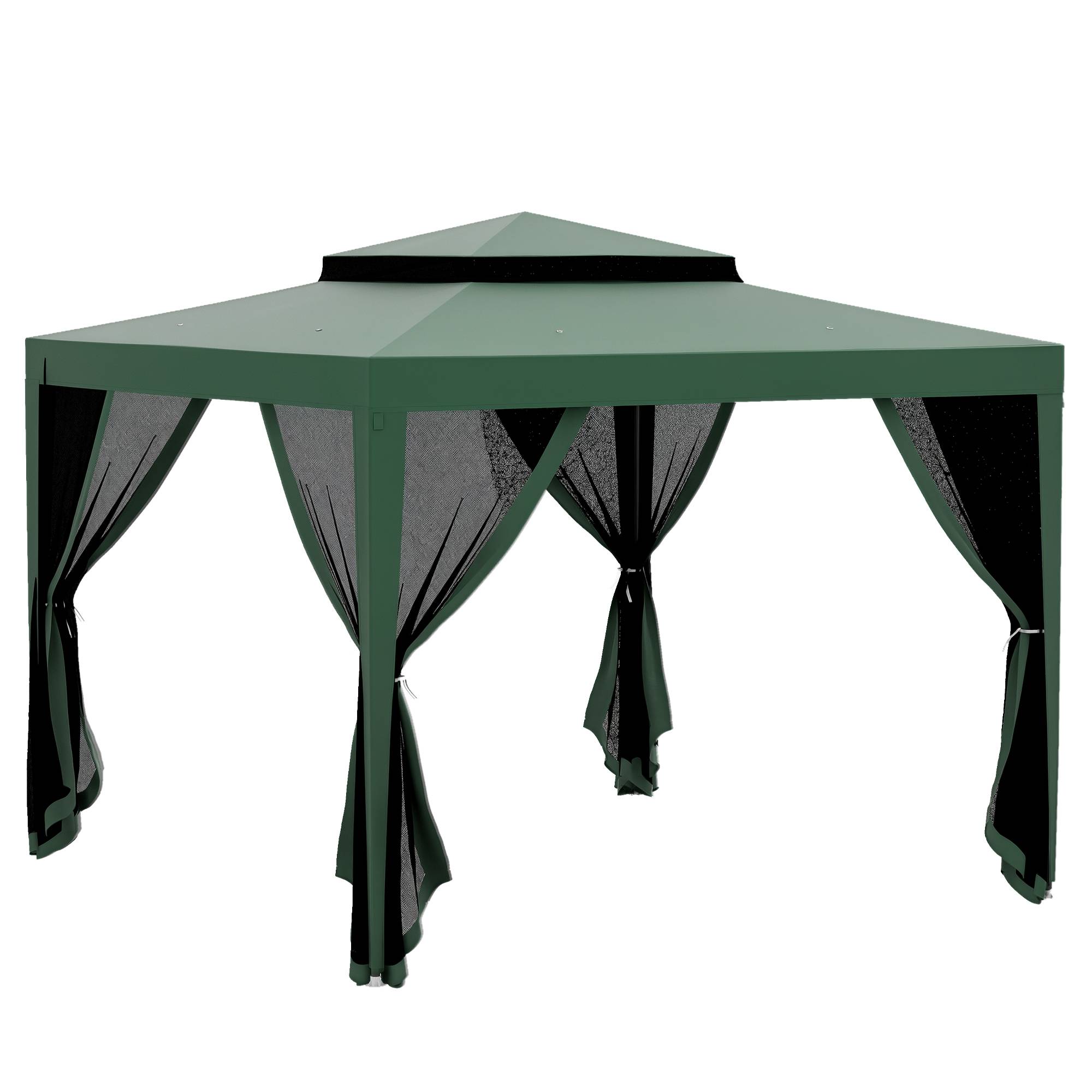 Tente de jardin 3x3 m, cenador gazebo avec 4 moustiquaires laterales, double toit, 8 trous de drainage, metal, vert - Image 1