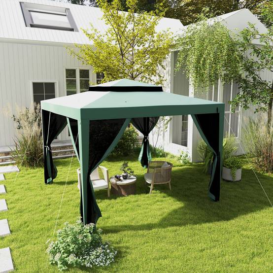 Tente de jardin 3x3 m, cenador gazebo avec 4 moustiquaires laterales, double toit, 8 trous de drainage, metal, vert - Image 4