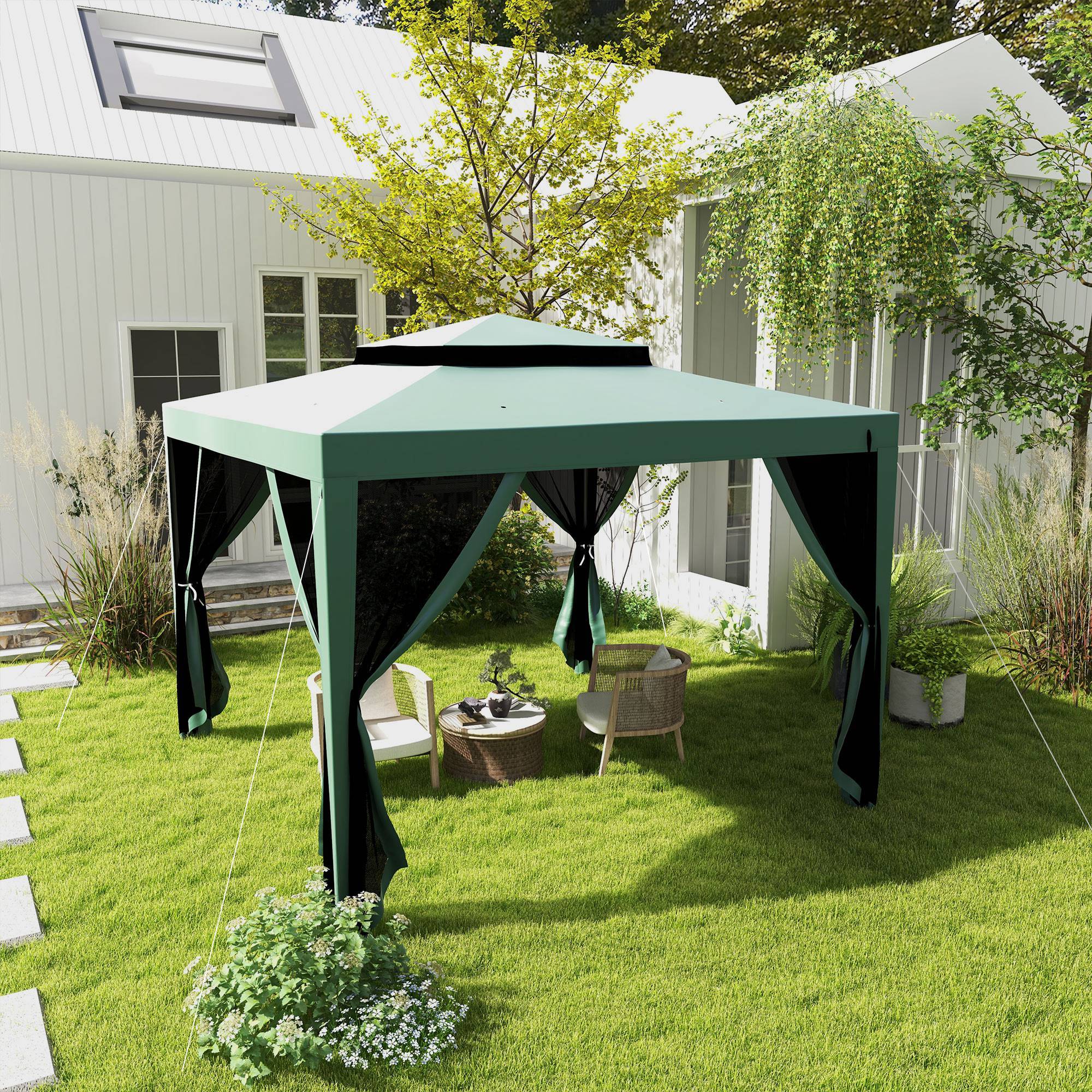Tente de jardin 3x3 m, cenador gazebo avec 4 moustiquaires laterales, double toit, 8 trous de drainage, metal, vert - Image 4