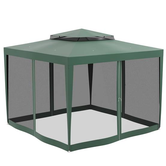 Tente de jardin 3x3 m, cenador gazebo avec 4 moustiquaires laterales, double toit, 8 trous de drainage, metal, vert - Image 9