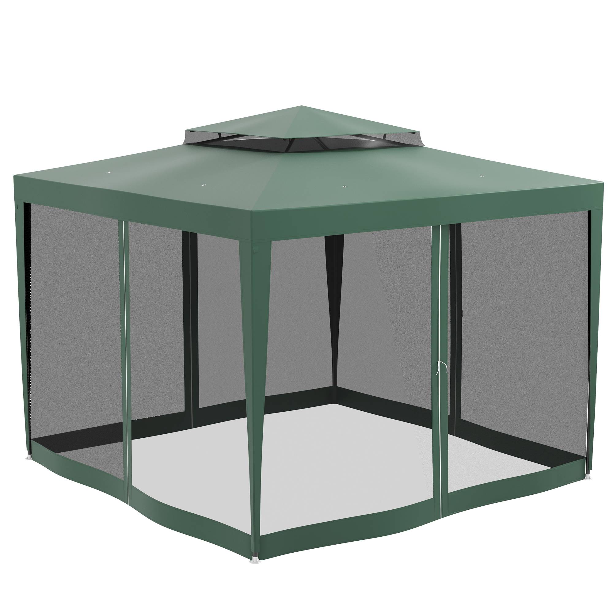 Tente de jardin 3x3 m, cenador gazebo avec 4 moustiquaires laterales, double toit, 8 trous de drainage, metal, vert - Image 9
