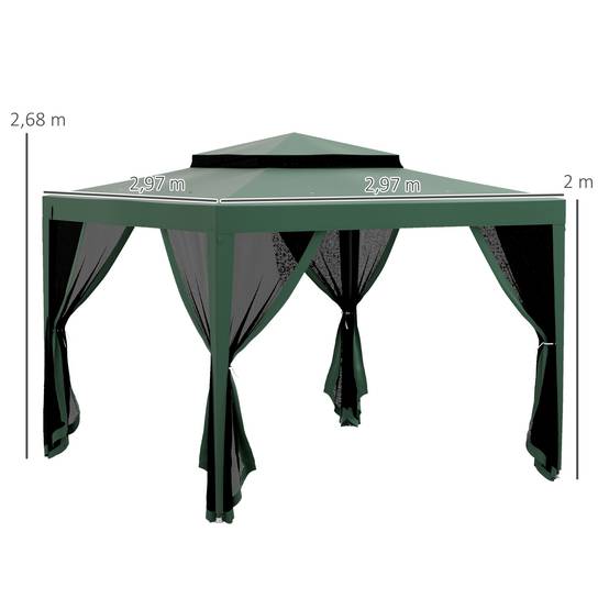 Tente de jardin 3x3 m, cenador gazebo avec 4 moustiquaires laterales, double toit, 8 trous de drainage, metal, vert - Image 5