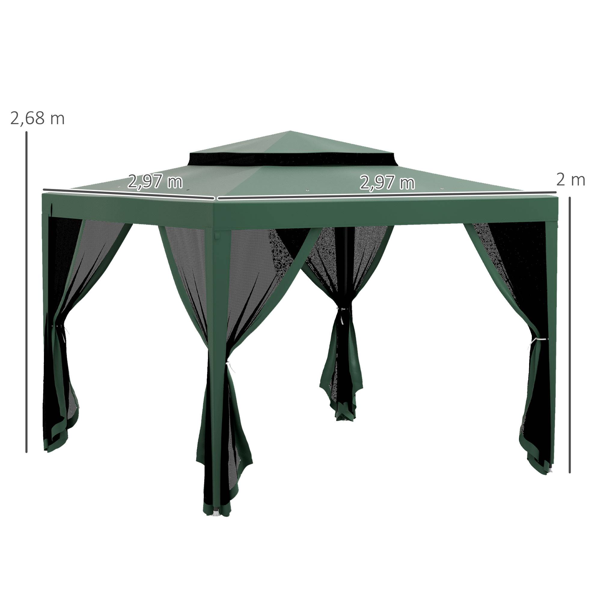 Tente de jardin 3x3 m, cenador gazebo avec 4 moustiquaires laterales, double toit, 8 trous de drainage, metal, vert - Image 5