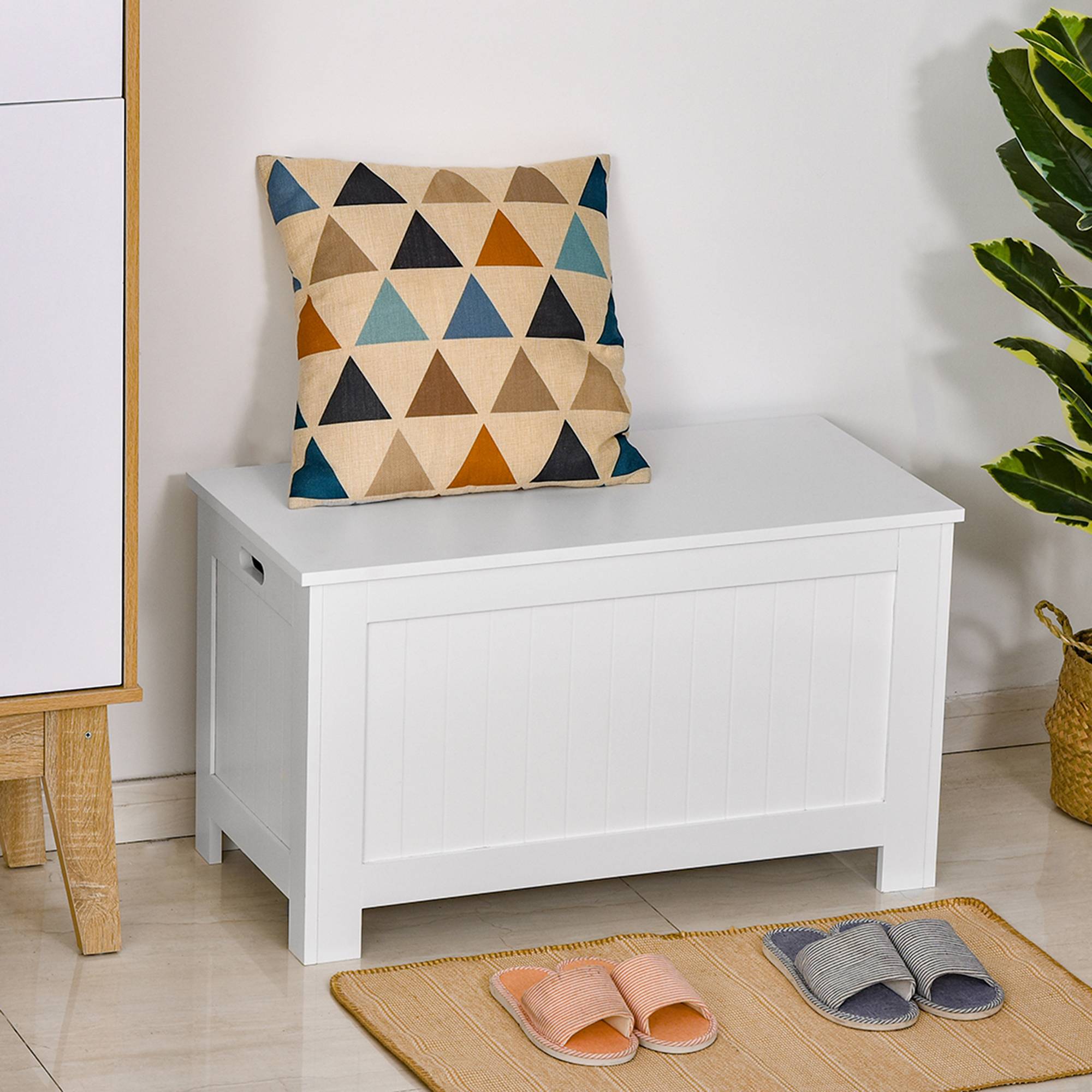 Banc coffre rangement bois MDF avec charnières sécurité, coffre jouets multifonction blanc moderne - Image 3