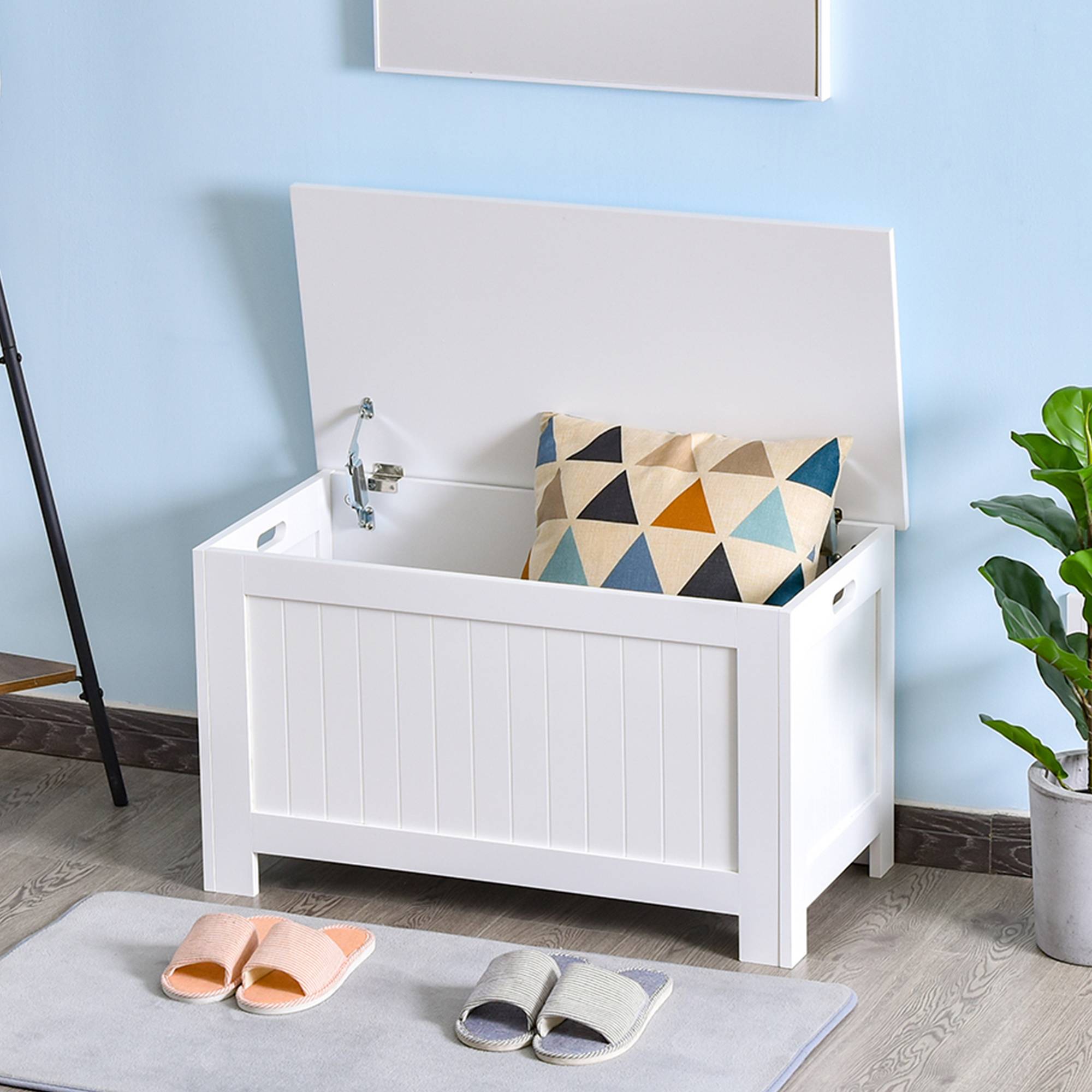 Banc coffre rangement bois MDF avec charnières sécurité, coffre jouets multifonction blanc moderne - Image 4