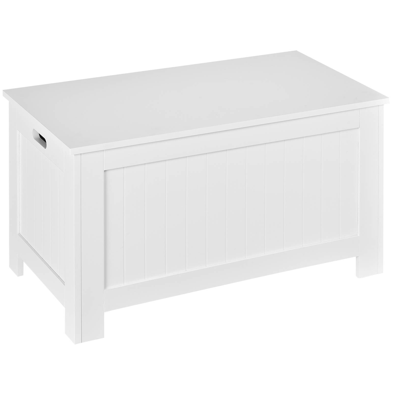 Banc coffre rangement bois MDF avec charnières sécurité, coffre jouets multifonction blanc moderne - Image 1