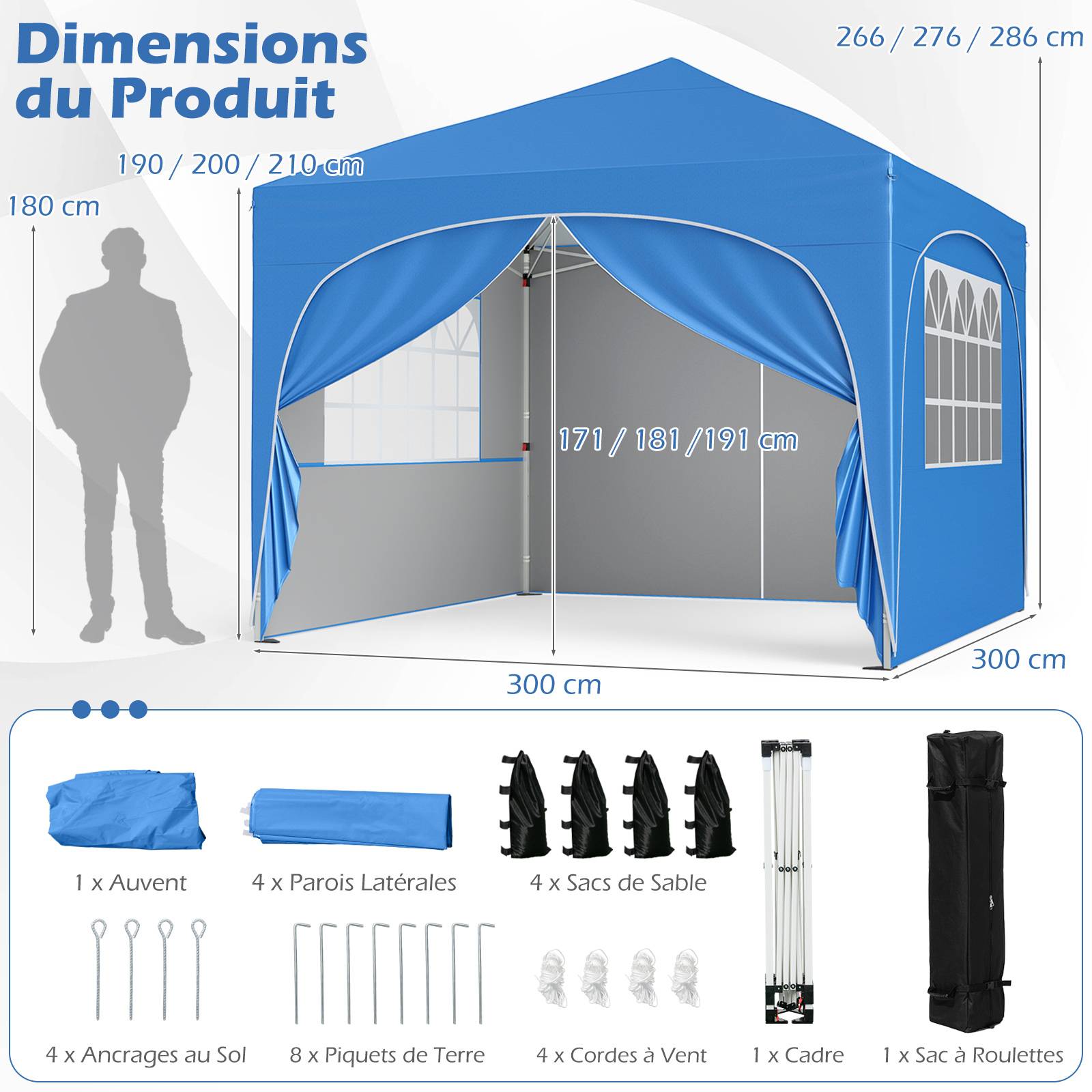 Costway - Tonnelle de Jardin 3x3M avec 4 Parois Latérales Amovibles, Tente de Reception Portable avec Sac à Roulettes, pour Fête Mariage BBQ, Bleu - Image 3