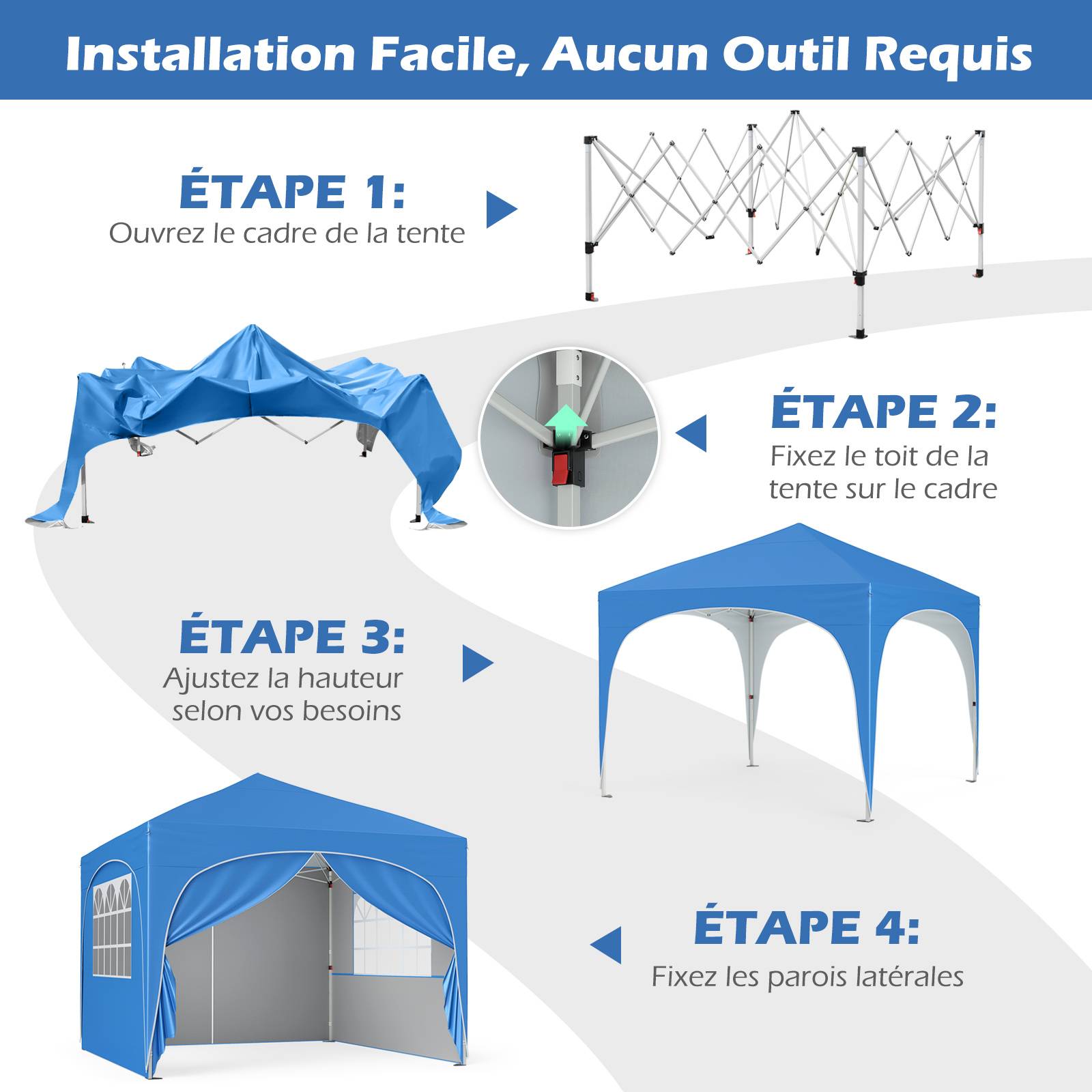 Costway - Tonnelle de Jardin 3x3M avec 4 Parois Latérales Amovibles, Tente de Reception Portable avec Sac à Roulettes, pour Fête Mariage BBQ, Bleu - Image 5