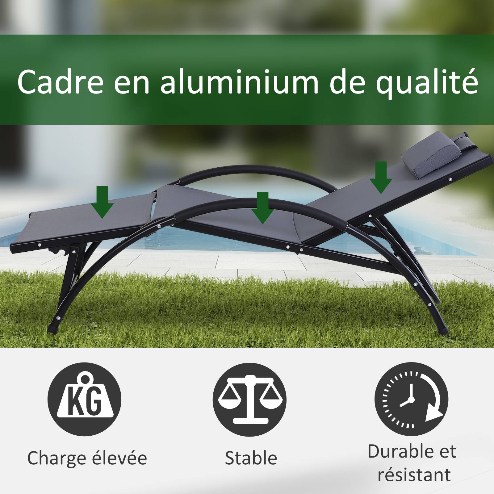 Outsunny - Bain de soleil transat design contemporain inclinable multi-positions repose-pied réglable tétière incluse alu textilène gris - Outsunny - Image 4