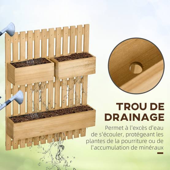 Sans Marque - Jardinière murale potager avec 3 bacs en bois massif amovibles 60 x 16 x 80 cm - Image 9