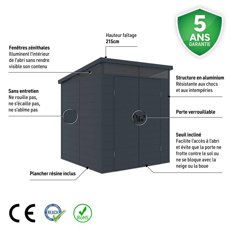 Abri de jardin résine anthracite 3,24m² toit plat avec plancher Jôbu - Image 4