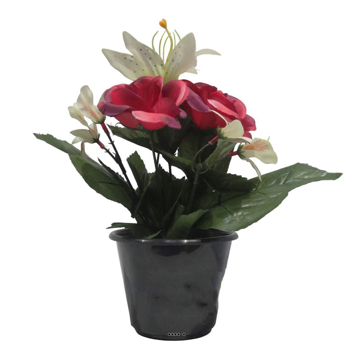 Artificielles - Pot pour cimetière de bouton de Rose, Orchidée et Lys artificiels Rose fushia- Toussaint - couleur: Rose fushia 730 - Image 1