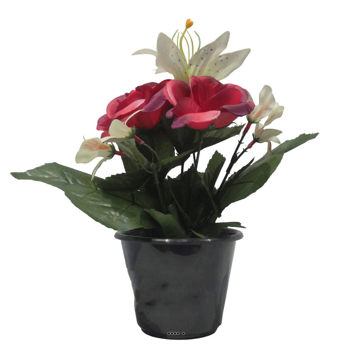 Artificielles - Pot pour cimetière de bouton de Rose, Orchidée et Lys artificiels Rose fushia- Toussaint - couleur: Rose fushia 730 - Image 2