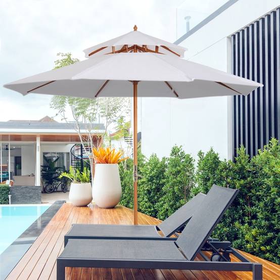 Parasol double toit bois bambou pour jardin et terrasse protection UV 265cm crème - ComfortXL Outdoor Living - Image 1