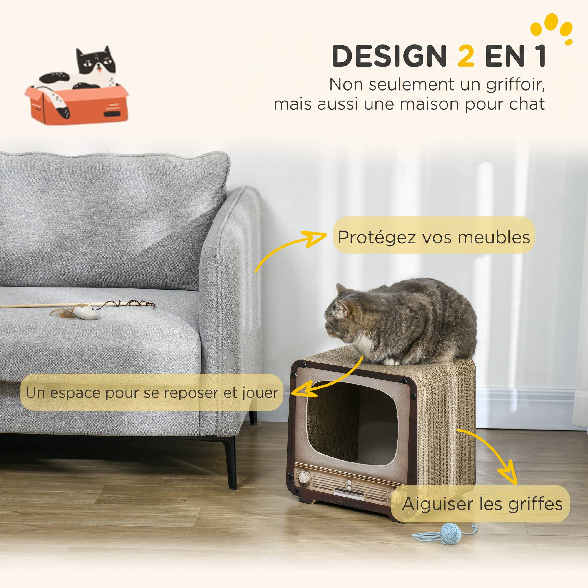 ComfortXL - Griffoir maison pour chat carton ondulé 39x29x37 cm marron refuge intérieur 2 en 1 - ComfortXL Outdoor Living - Image 7