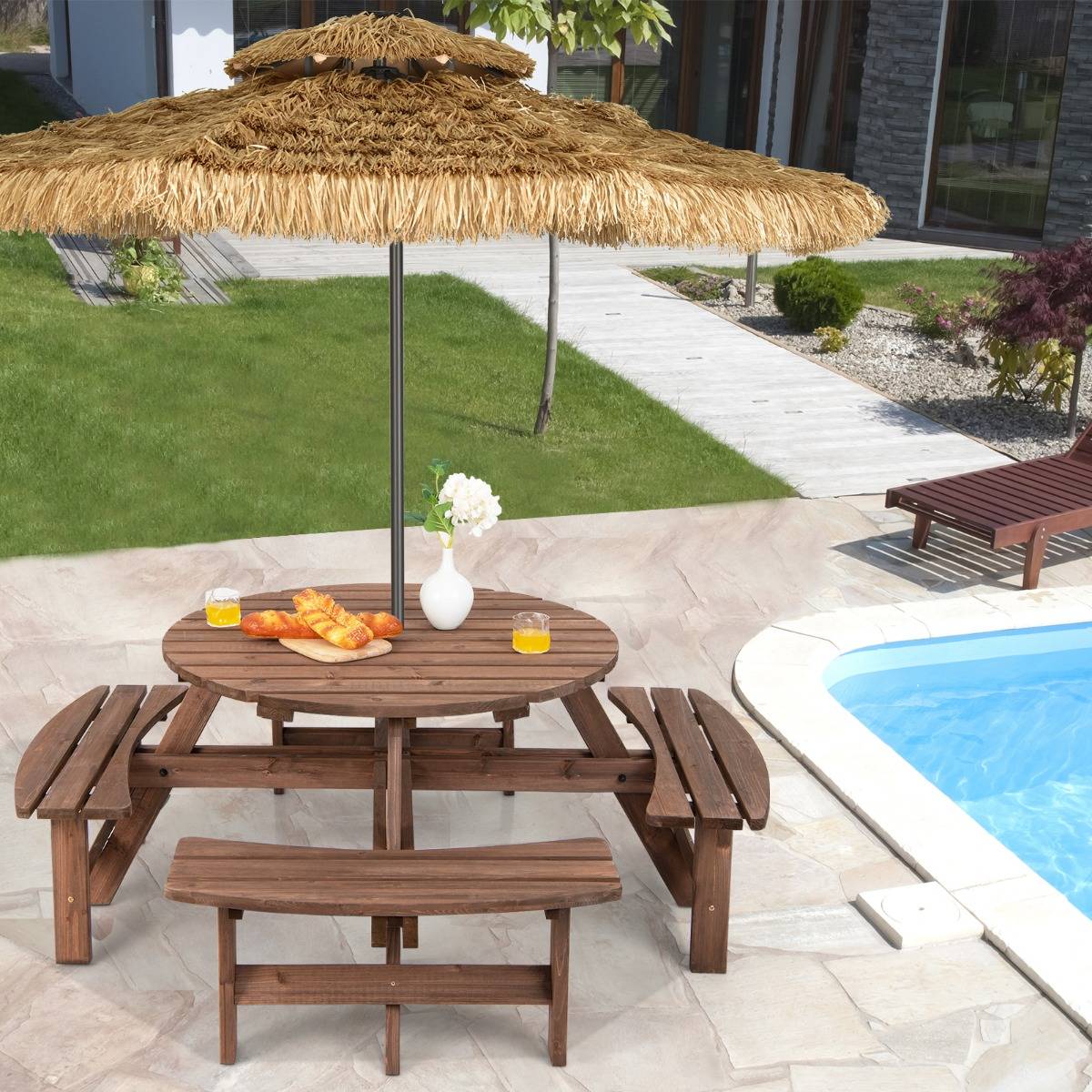 Table de Pique-Nique, Ensemble de Table et 4 Bancs de Jardin avec Trou de Parasol pour 8 Personnes en Sapin Verni - Image 2