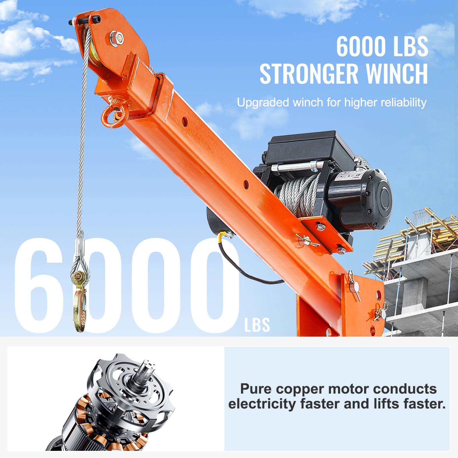 VEVOR Grue electrique sur attelage 998kg,treuil 2722kg,acier, pivot 360,pour chantier - Image 3
