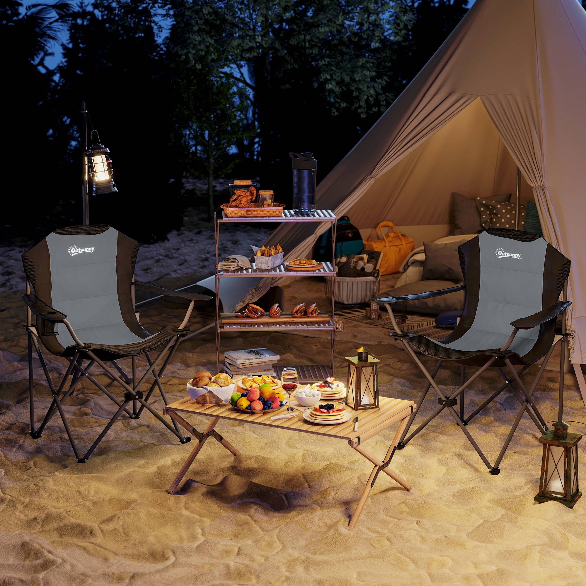 Lot de 2 chaises pliantes de camping métal et tissu gris foncé 82 x 59 x 109 cm - PANGIVO - Image 4