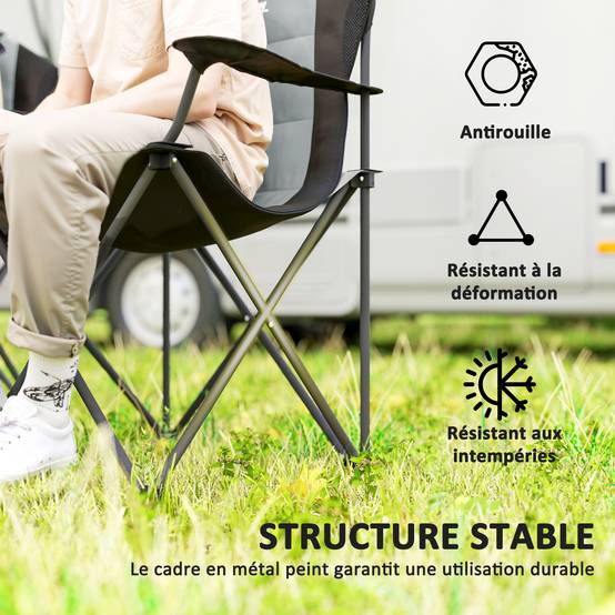 Lot de 2 chaises pliantes de camping métal et tissu gris foncé 82 x 59 x 109 cm - PANGIVO - Image 7