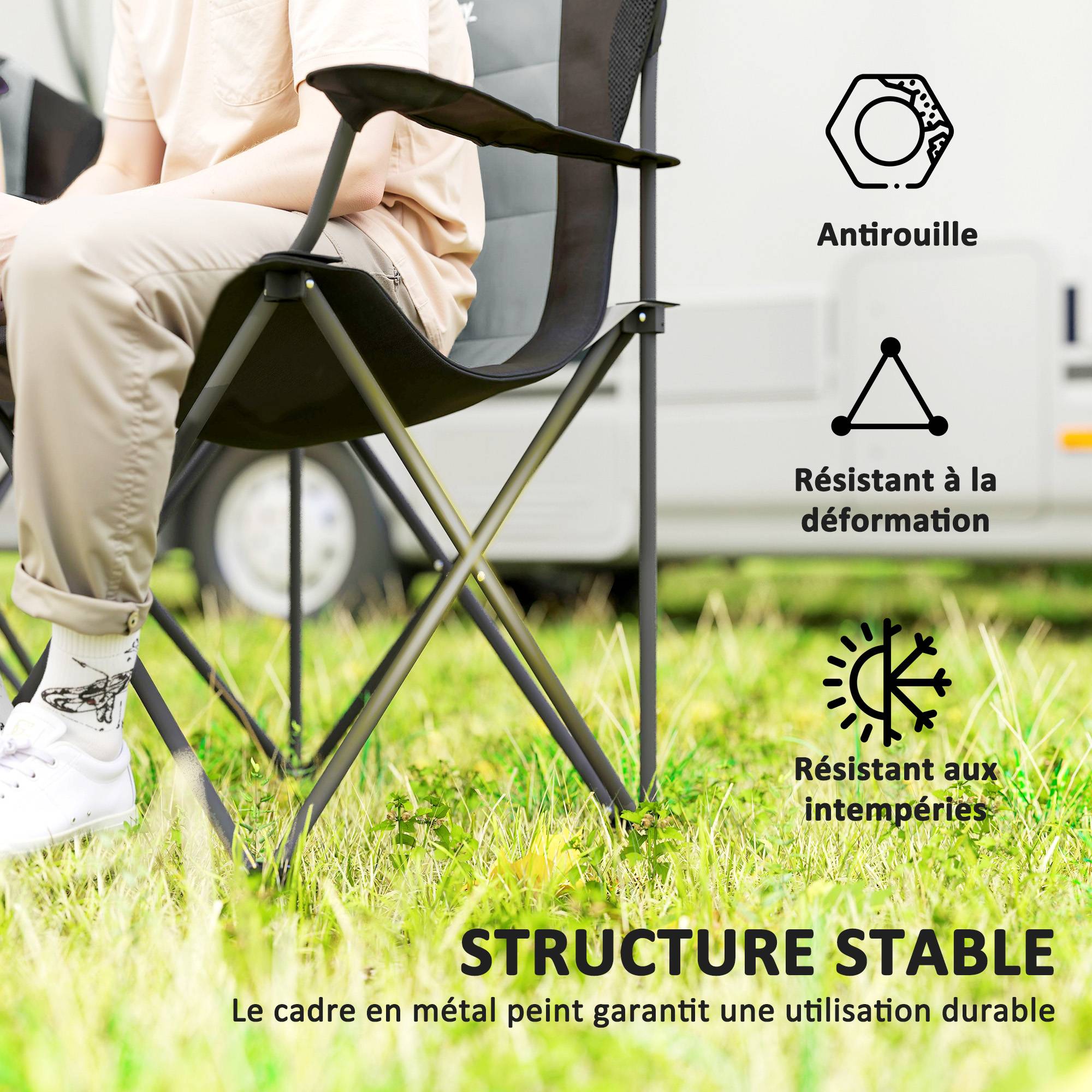 Lot de 2 chaises pliantes de camping métal et tissu gris foncé 82 x 59 x 109 cm - PANGIVO - Image 7