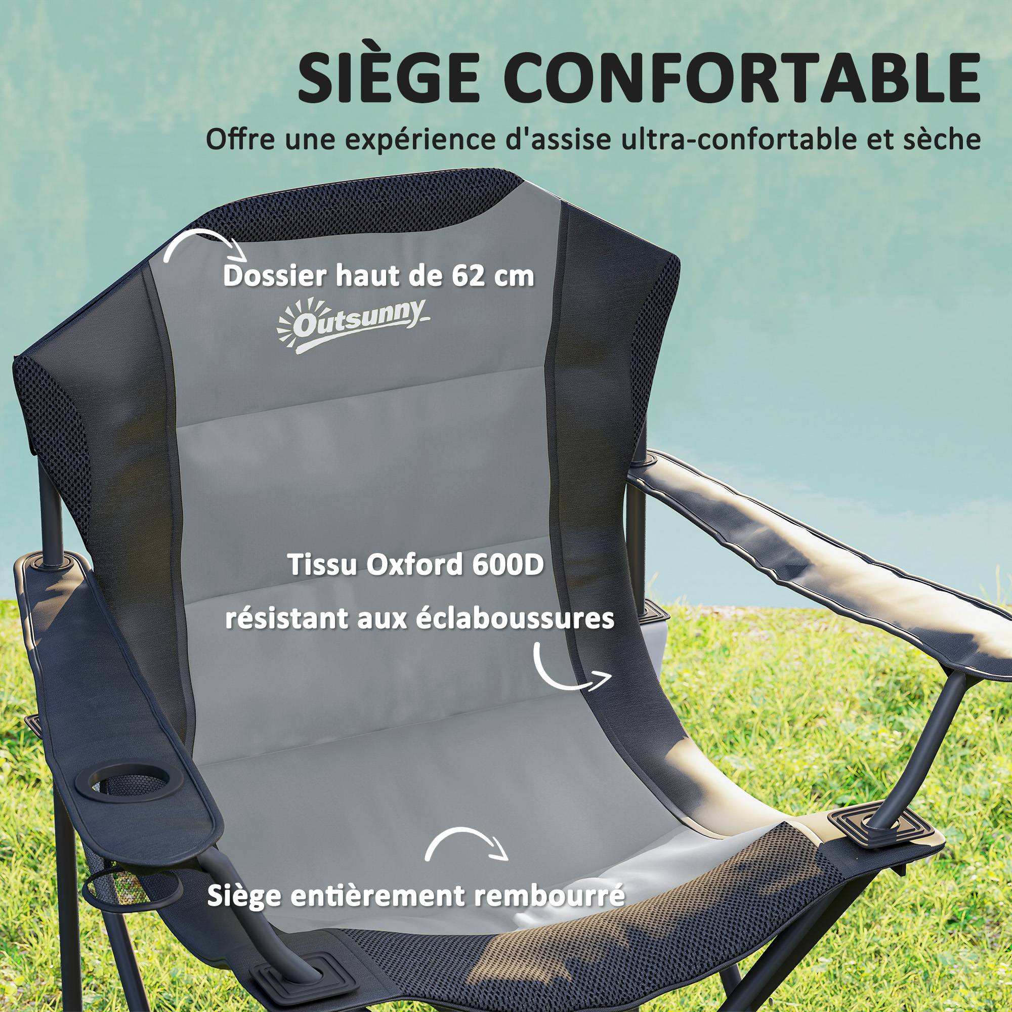 Lot de 2 chaises pliantes de camping métal et tissu gris foncé 82 x 59 x 109 cm - PANGIVO - Image 6