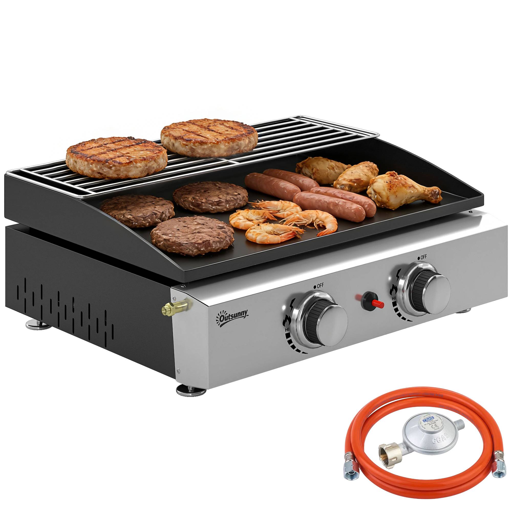 Barbecue à gaz portable 5 kW à 2 brûleurs avec plaque de cuisson, grille de maintien au chaud et récupérateur de graisse noir