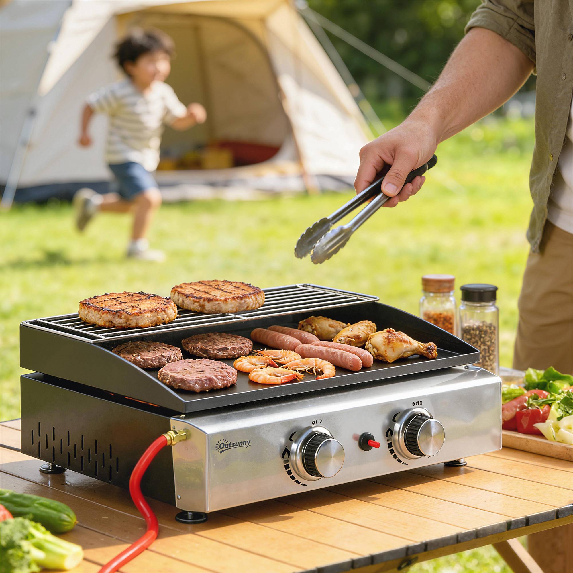 Barbecue à gaz portable 5 kW à 2 brûleurs avec plaque de cuisson, grille de maintien au chaud et récupérateur de graisse noir - Image 4