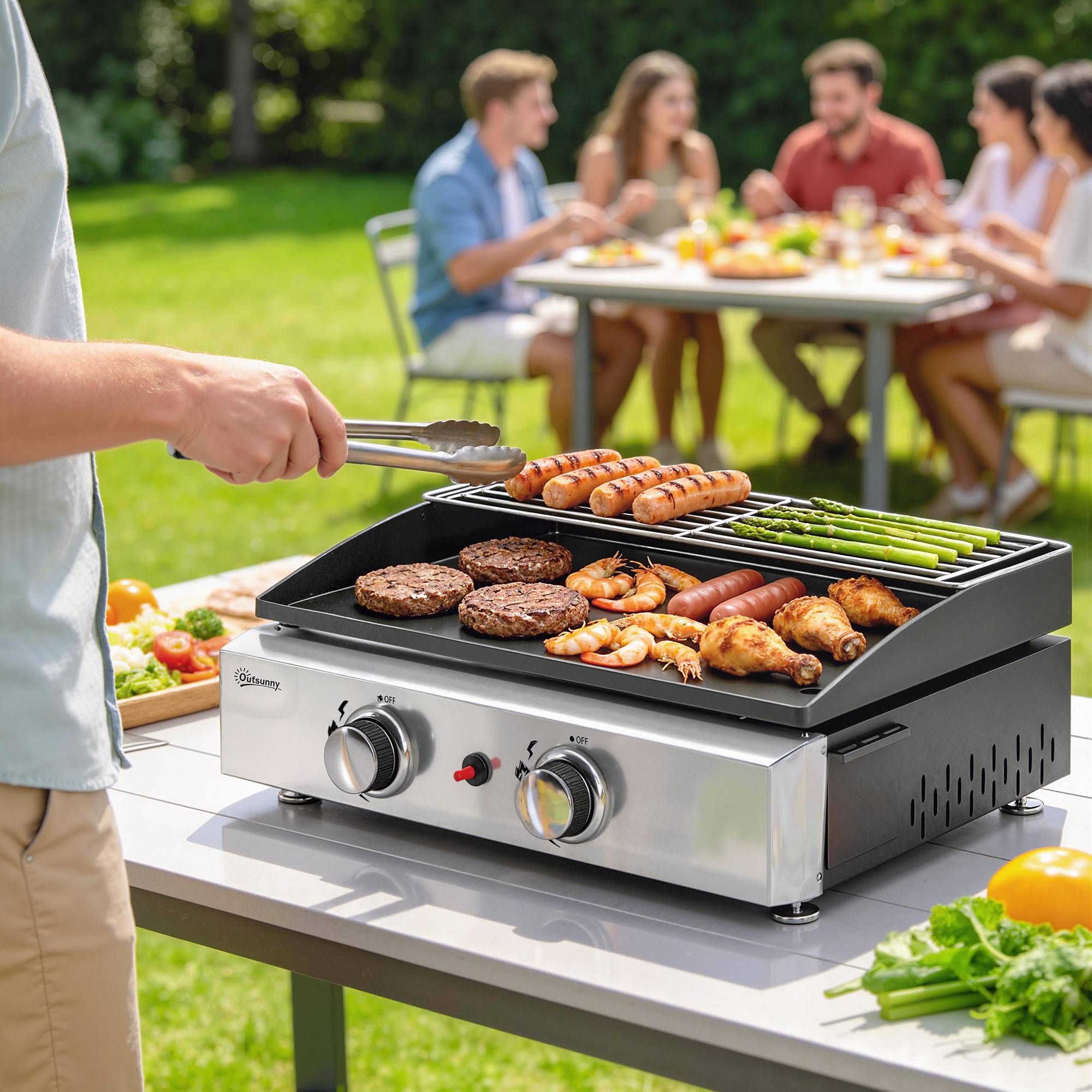 Barbecue à gaz portable 5 kW à 2 brûleurs avec plaque de cuisson, grille de maintien au chaud et récupérateur de graisse noir - Image 3