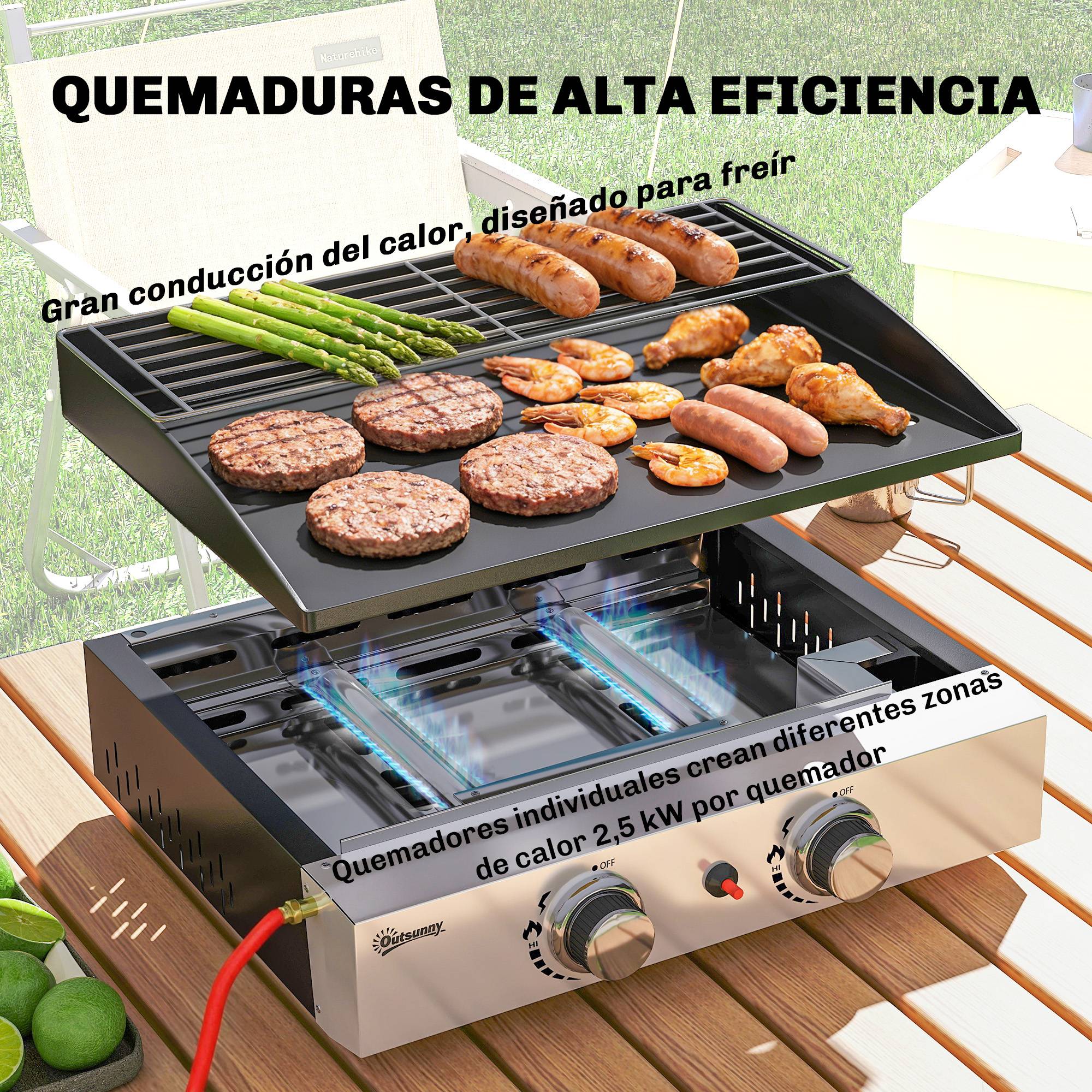 Barbecue à gaz portable 5 kW à 2 brûleurs avec plaque de cuisson, grille de maintien au chaud et récupérateur de graisse noir - Image 6