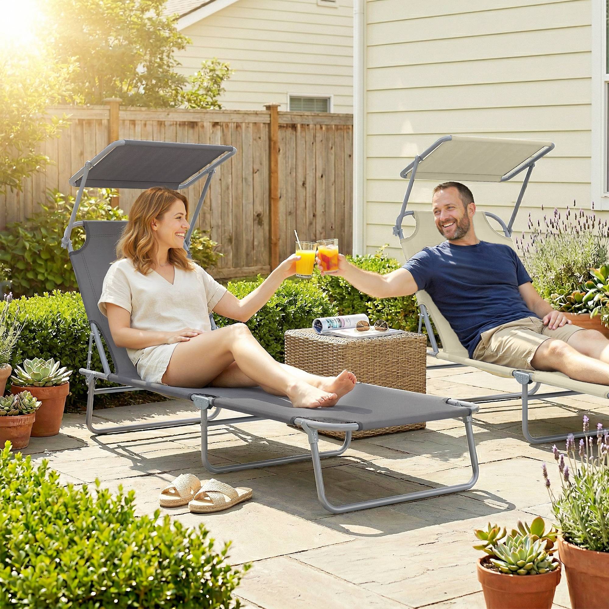 Chaise longue pliante confortable dossier inclinable multipositions pare-soleil réglable 187 x 58 x 36 cm grise - Image 4