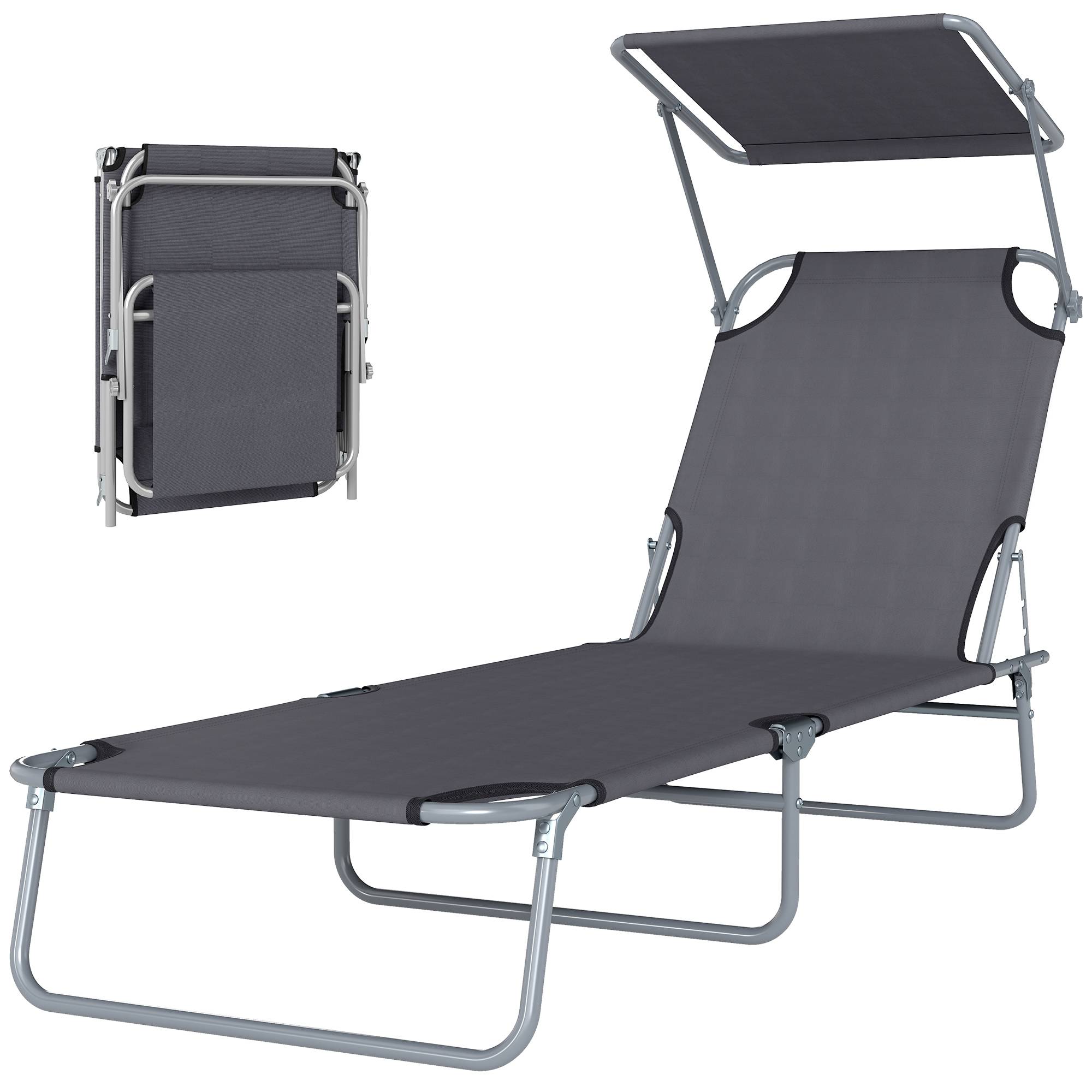 Chaise longue pliante confortable dossier inclinable multipositions pare-soleil réglable 187 x 58 x 36 cm grise - Image 2