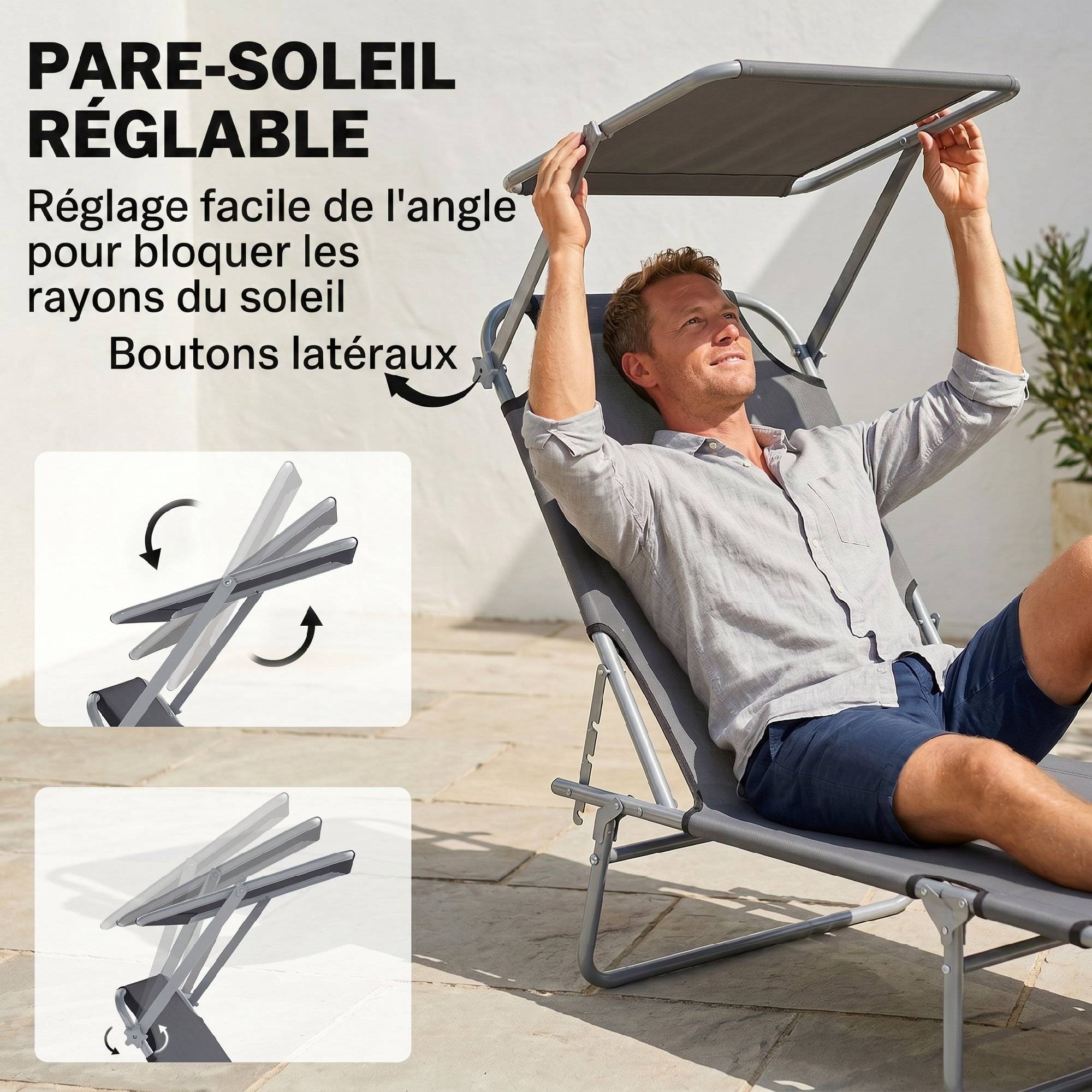 Chaise longue pliante confortable dossier inclinable multipositions pare-soleil réglable 187 x 58 x 36 cm grise - Image 6