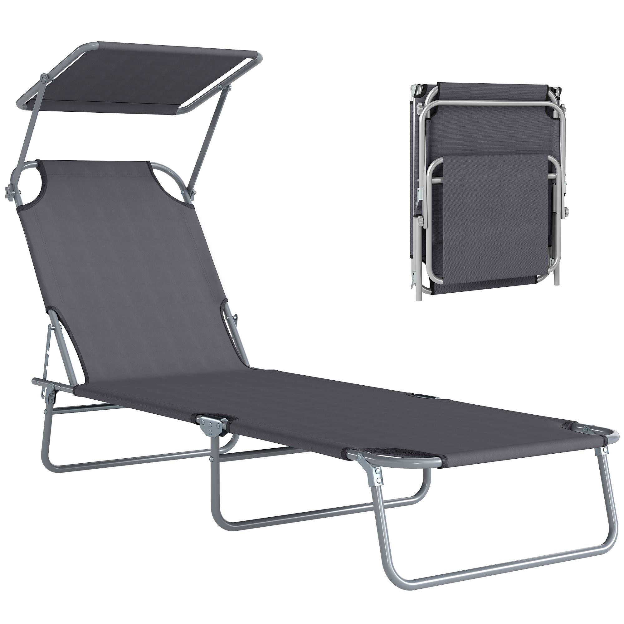 Chaise longue pliante confortable dossier inclinable multipositions pare-soleil réglable 187 x 58 x 36 cm grise - Image 1
