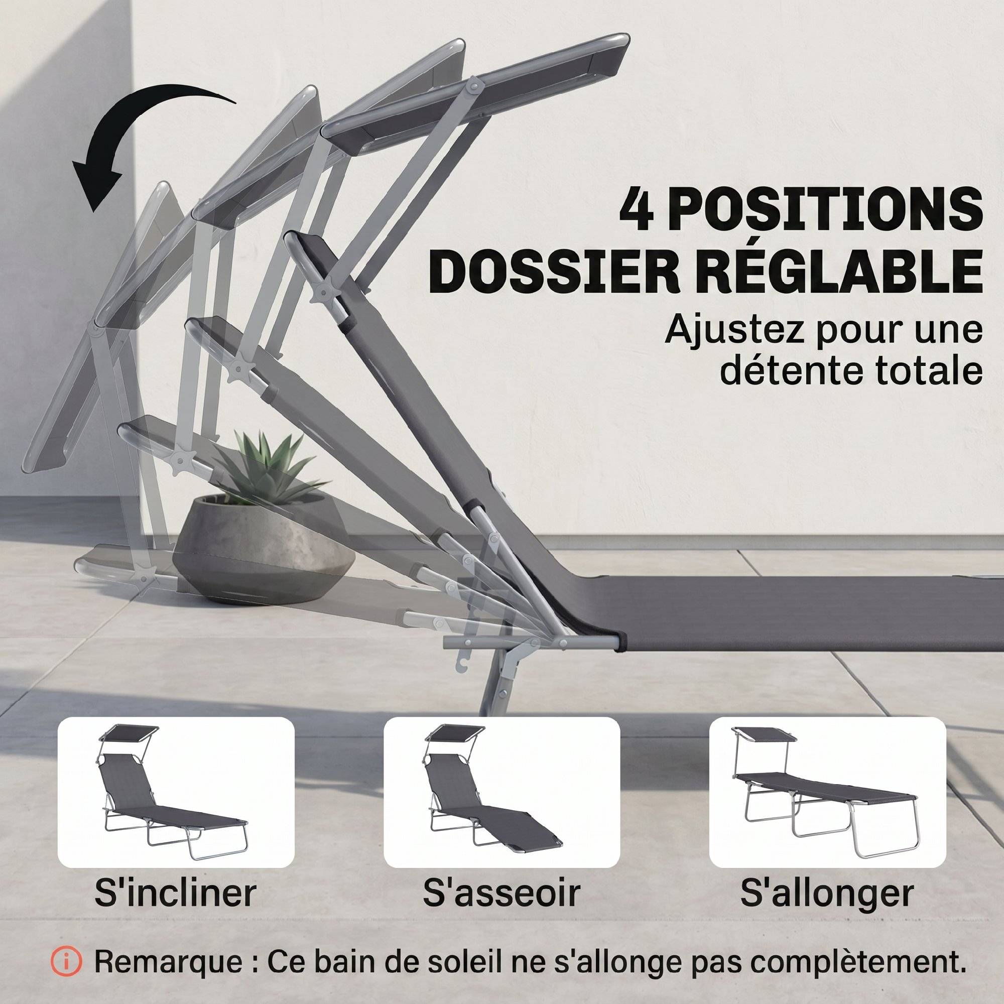 Chaise longue pliante confortable dossier inclinable multipositions pare-soleil réglable 187 x 58 x 36 cm grise - Image 7