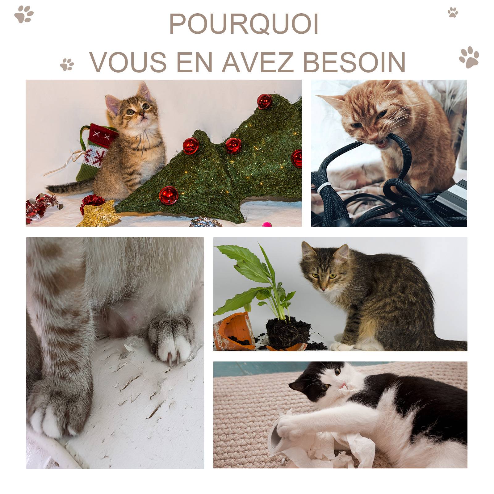 Pawhut - Arbre à chat griffoir grattoir design jeu boule suspendue 2 plateformes peluche sisal naturel gris - Image 6