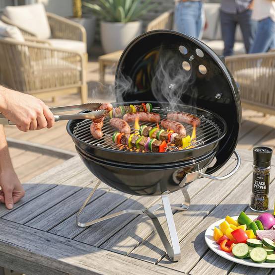 Sans Marque - Barbecue portable au charbon de bois avec couvercle, poignée et fentes d'aération réglables, 41 x 41 x 44 cm, noir - Image 3