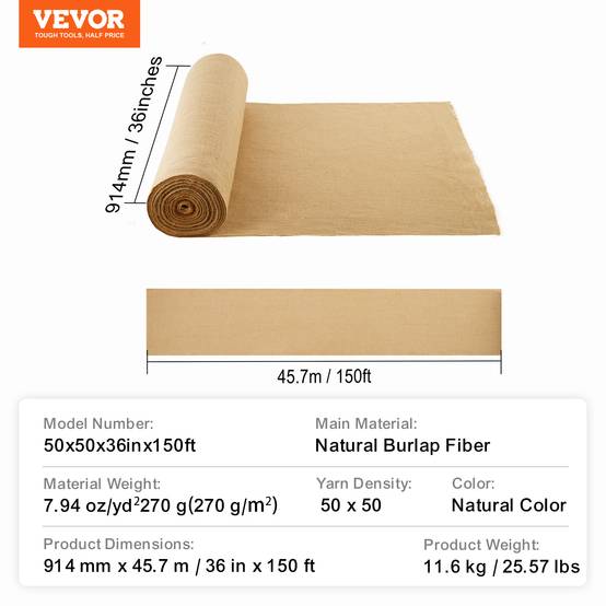 Vevor - VEVOR Rouleau toile de jute 914 mm x 45,7 m, 50x50, naturel. - Image 7