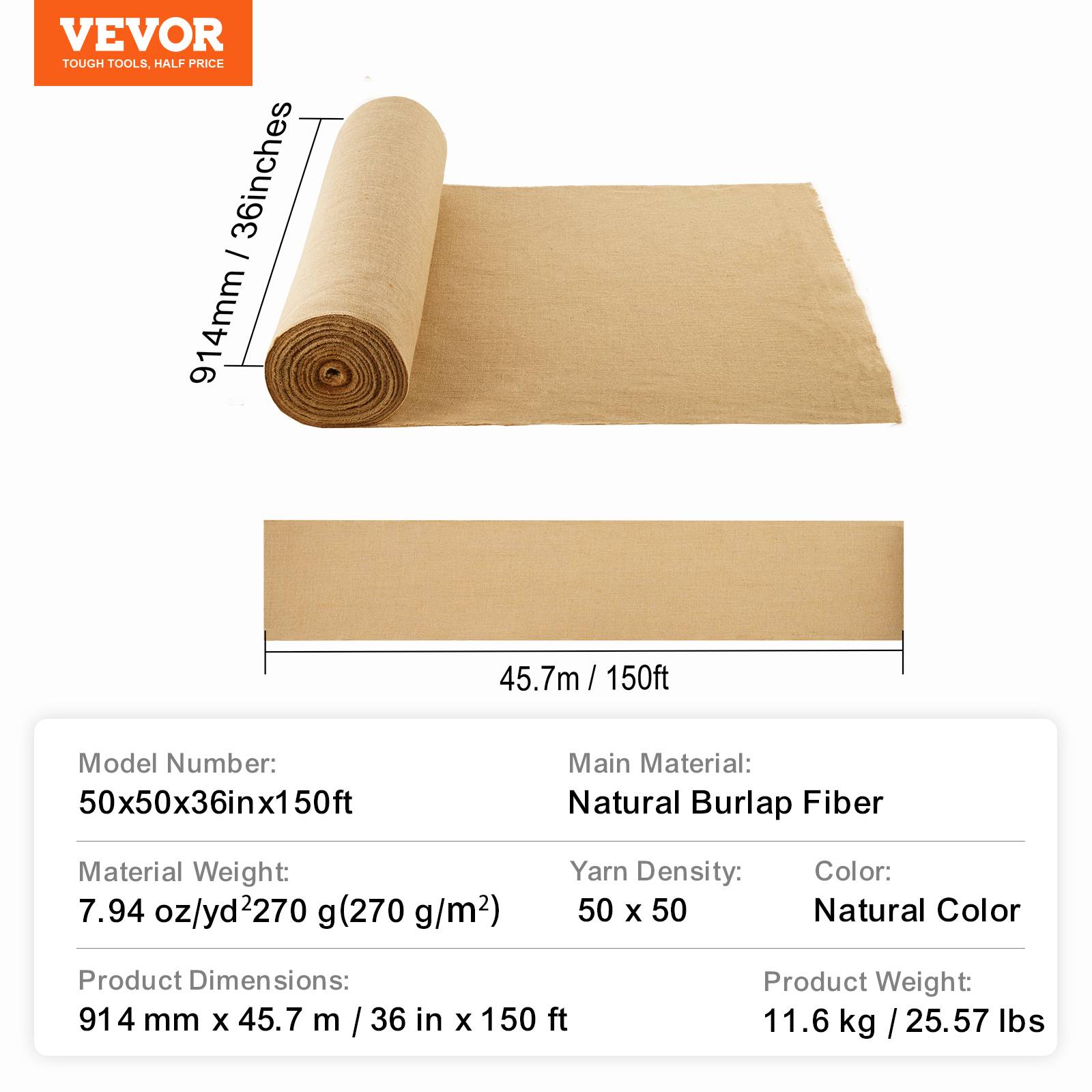 Vevor - VEVOR Rouleau toile de jute 914 mm x 45,7 m, 50x50, naturel. - Image 7
