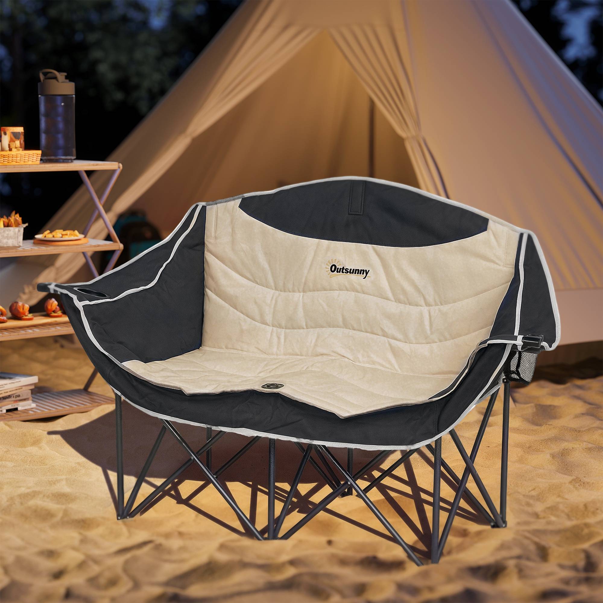 Sans Marque - Chaise pliante 2 places, porte-gobelet, sac, jusqu'à 250kg, kaki - Image 4