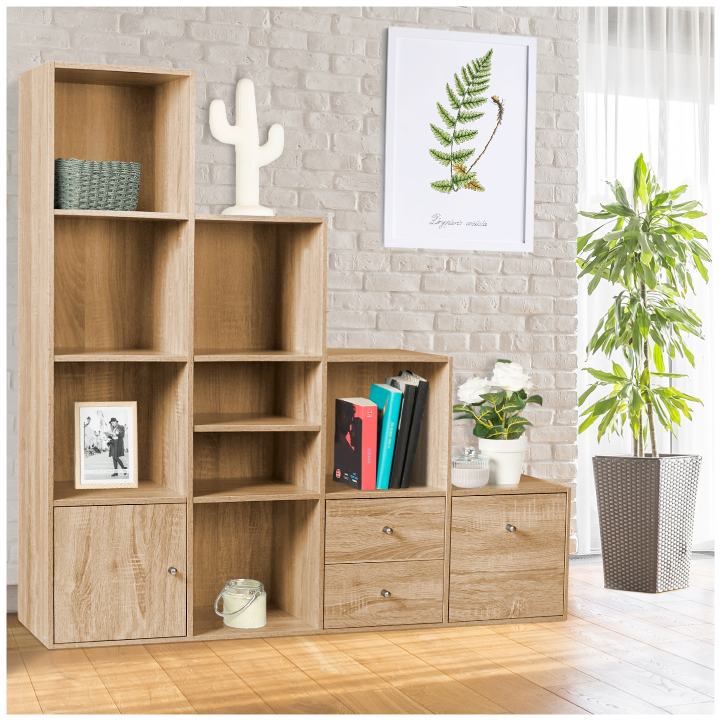 Meuble de rangement en escalier LIAM 4 niveaux bois façon hêtre avec porte et tiroirs - Image 1