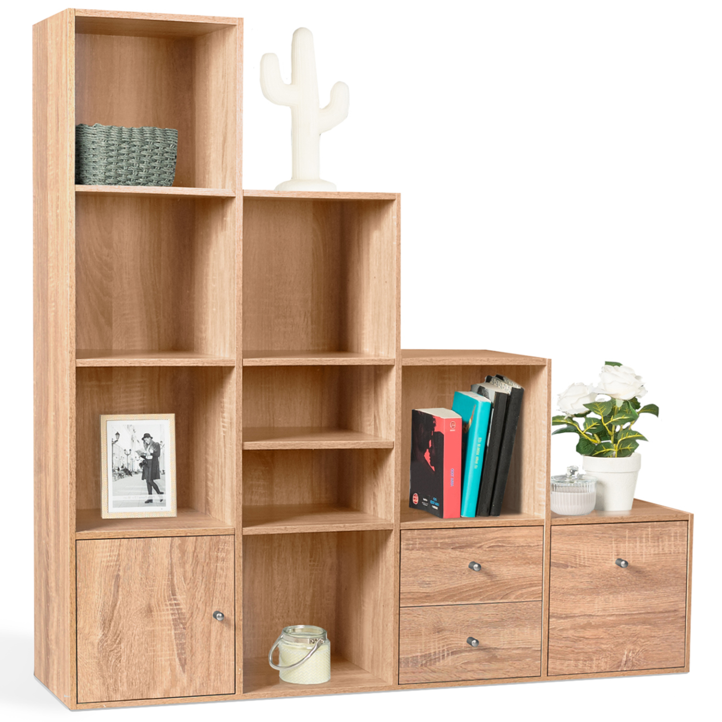 Meuble de rangement en escalier LIAM 4 niveaux bois façon hêtre avec porte et tiroirs - Image 2