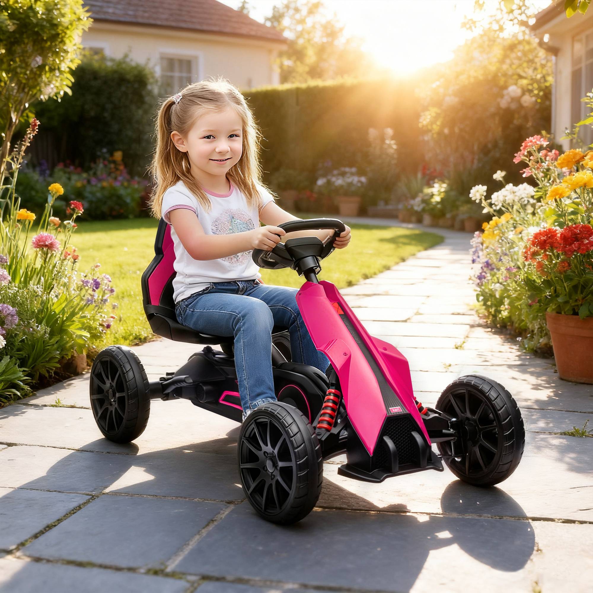Kart à Pédale DREAMADE – 30 Kg Max – Siège Réglable – Frein – 4 Roues – Rose – Pour 3-8 Ans – 101 X 61 X 62 Cm