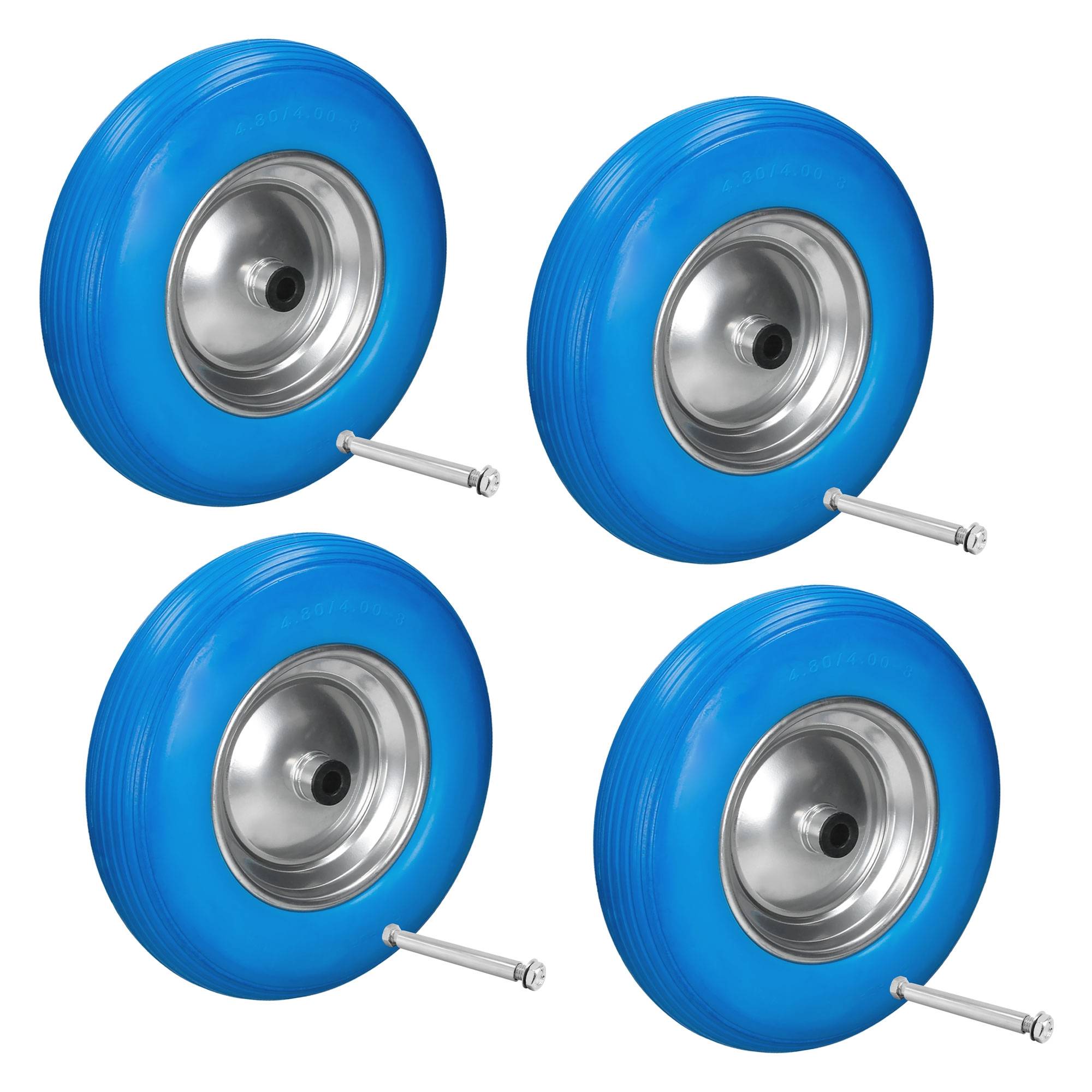 Ecd-Germany - 4x 15" Roue brouette pleine en gomme solide PU bleu 4.80 / 4.00-8 avec axe - Image 1