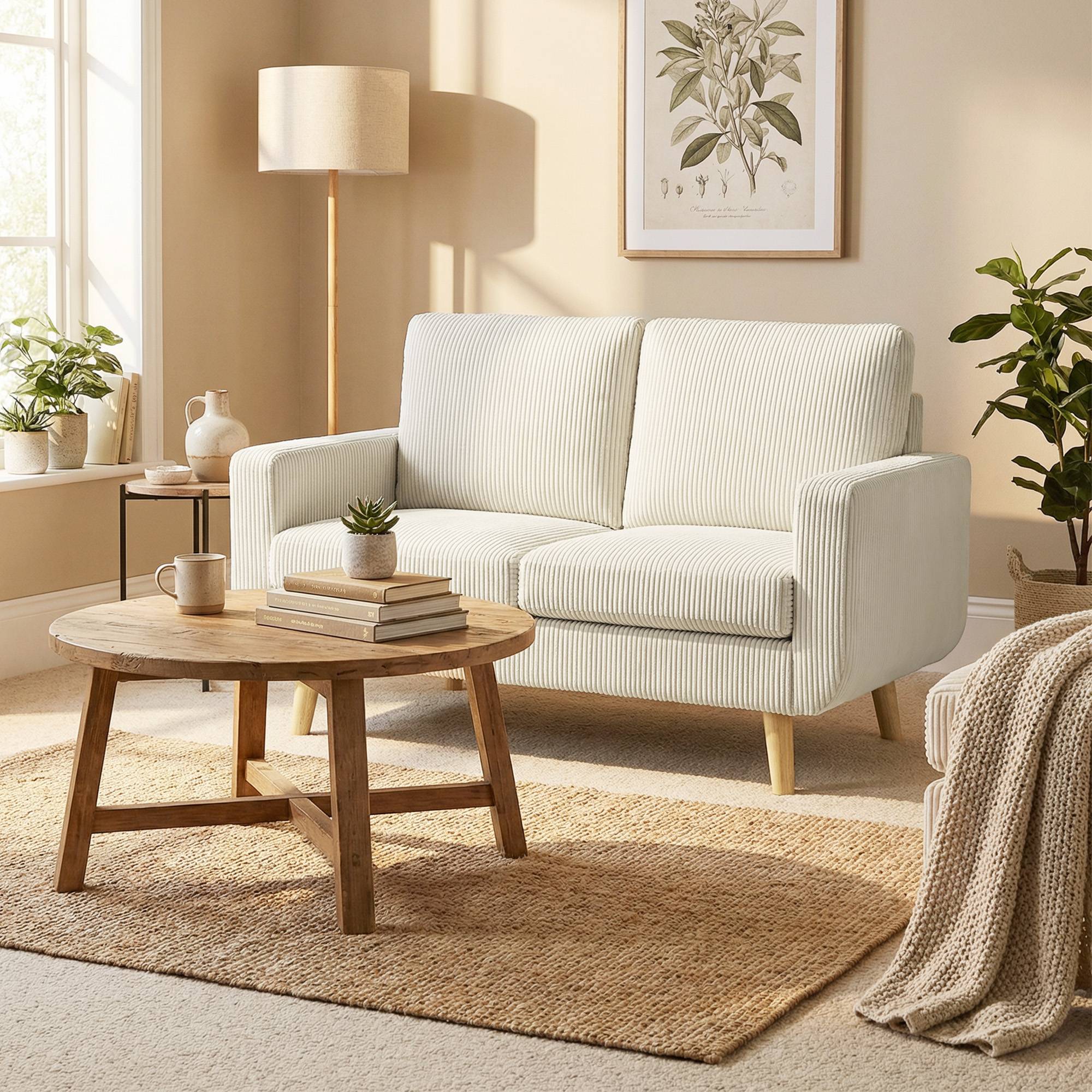 Canapé 2 places en velours côtelé, canapé de salon moderne 134 cm, assise rembourrée, coussin à ressorts, crème - Image 9